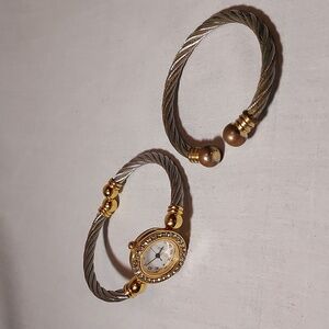 Vintage Avon Watch Silver & Gold Twist Design With Rhinestones Matching Bracelet